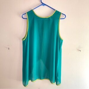 Teal Blue Neon Green Sheer Tunic Tank Top Blouse Large